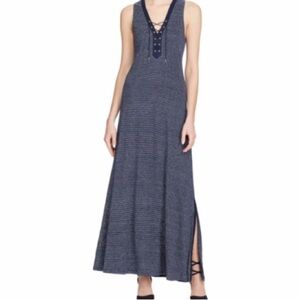 Ralph Lauren Linen Maxi Dress Striped Navy White Lace Up Lined Women’s sz XL